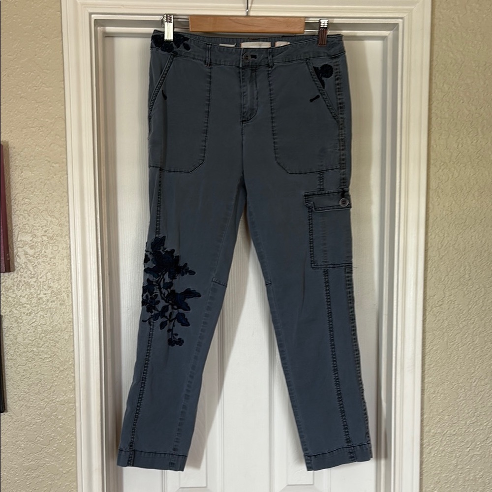 Anthropologie ‘Wanderer’ Blue Fitted Cargo Pants with Navy Floral Embroidery